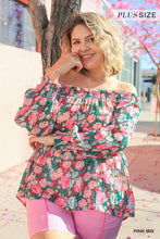 Load image into Gallery viewer, Sheer Floral Print Metallic Threading Long Sleeve Off Shoulder Top With High Low Hem