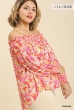 Load image into Gallery viewer, Sheer Floral Print Metallic Threading Long Sleeve Off Shoulder Top With High Low Hem