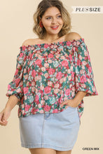 Load image into Gallery viewer, Sheer Floral Print Metallic Threading Long Sleeve Off Shoulder Top With High Low Hem