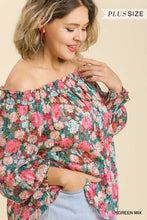 Load image into Gallery viewer, Sheer Floral Print Metallic Threading Long Sleeve Off Shoulder Top With High Low Hem