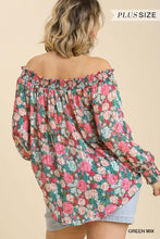 Load image into Gallery viewer, Sheer Floral Print Metallic Threading Long Sleeve Off Shoulder Top With High Low Hem
