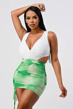 Load image into Gallery viewer, White Sleeveless Top With Detachable Rhinestone Cross Open Back With Bodycon Tie Dye Ruched Mini Dress