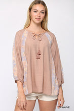 Load image into Gallery viewer, Solid Crinkle And Print Mix Raglan Sleeve Top With Tassel Tie