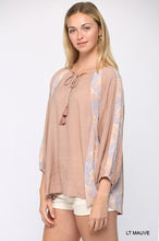 Load image into Gallery viewer, Solid Crinkle And Print Mix Raglan Sleeve Top With Tassel Tie