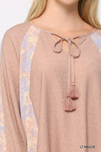 Load image into Gallery viewer, Solid Crinkle And Print Mix Raglan Sleeve Top With Tassel Tie