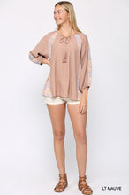 Load image into Gallery viewer, Solid Crinkle And Print Mix Raglan Sleeve Top With Tassel Tie