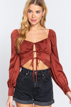 Load image into Gallery viewer, Long Sleeve Sweetheart Neck Front Ribbon Tie Detail Woven Top
