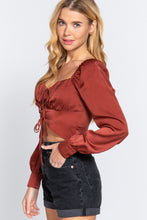Load image into Gallery viewer, Long Sleeve Sweetheart Neck Front Ribbon Tie Detail Woven Top
