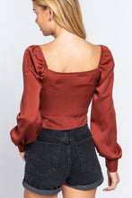 Load image into Gallery viewer, Long Sleeve Sweetheart Neck Front Ribbon Tie Detail Woven Top