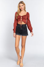 Load image into Gallery viewer, Long Sleeve Sweetheart Neck Front Ribbon Tie Detail Woven Top