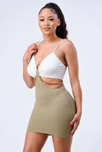 Load image into Gallery viewer, Multi Fabric Bralette Side Cutout With Gold Chain Zipper Closure Back Bodycon Mini Dress
