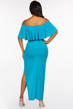 Load image into Gallery viewer, Solid Ity Off The Shoulder Ruffled Cropped Top And Ruched Maxi Skirt Two Piece Set