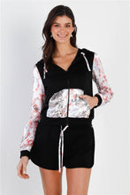 Load image into Gallery viewer, Black &amp; Multi Color Print Colorblock Zip-up Hooded Top &amp; Short Set