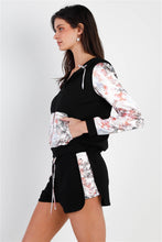 Load image into Gallery viewer, Black &amp; Multi Color Print Colorblock Zip-up Hooded Top &amp; Short Set