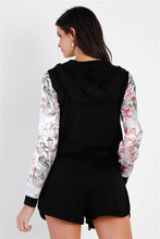 Load image into Gallery viewer, Black &amp; Multi Color Print Colorblock Zip-up Hooded Top &amp; Short Set