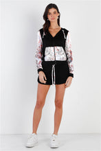 Load image into Gallery viewer, Black &amp; Multi Color Print Colorblock Zip-up Hooded Top &amp; Short Set