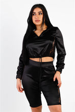 Load image into Gallery viewer, Black Satin Lace Details Long Sleeve Hooded Crop Top &amp; Biker Short Set