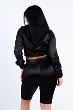Load image into Gallery viewer, Black Satin Lace Details Long Sleeve Hooded Crop Top &amp; Biker Short Set