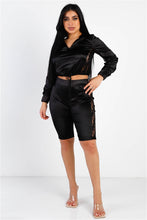 Load image into Gallery viewer, Black Satin Lace Details Long Sleeve Hooded Crop Top &amp; Biker Short Set