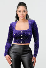 Load image into Gallery viewer, Lux Diamon Velvet Buttons Open Back Square Neck Long Sleeves Cropped Top