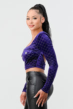 Load image into Gallery viewer, Lux Diamon Velvet Buttons Open Back Square Neck Long Sleeves Cropped Top