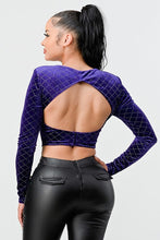 Load image into Gallery viewer, Lux Diamon Velvet Buttons Open Back Square Neck Long Sleeves Cropped Top