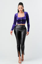 Load image into Gallery viewer, Lux Diamon Velvet Buttons Open Back Square Neck Long Sleeves Cropped Top