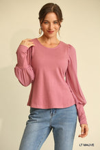 Load image into Gallery viewer, Solid Knit And Chiffon Mixed Top With Puff Long Sleeve