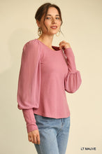 Load image into Gallery viewer, Solid Knit And Chiffon Mixed Top With Puff Long Sleeve