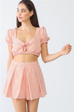 Load image into Gallery viewer, White &amp; Orange Stripe Print Self-tie Short Sleeve Crop Top &amp; High Waist Shorts Set