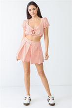 Load image into Gallery viewer, White &amp; Orange Stripe Print Self-tie Short Sleeve Crop Top &amp; High Waist Shorts Set