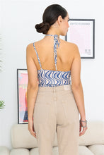 Load image into Gallery viewer, Cream &amp; Blue Wave Print Mesh Asymmetrical Neck Self-tie Strap Bodysuit