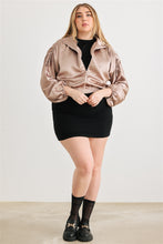 Load image into Gallery viewer, Plus Satin Zip-up Ruched Long Sleeve Cropped Bomber Jacket