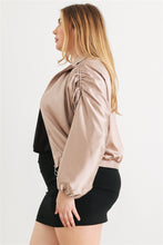 Load image into Gallery viewer, Plus Satin Zip-up Ruched Long Sleeve Cropped Bomber Jacket